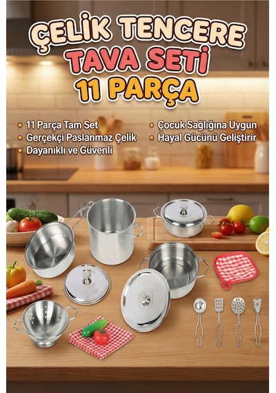 11 Parça Metal Oyuncak Tencere Tava Seti - Paslanmaz Çelik Gerçekçi Evcilik Mutfak Oyun Seti