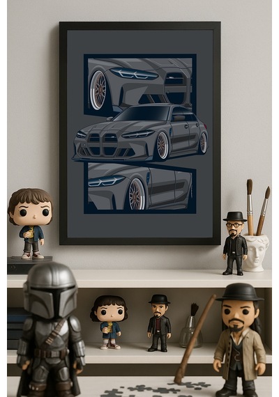 Bmw M3 G80 Siyah Ahşap Çerçeveli Poster, Dekoratif Araba Duvar Tablosu