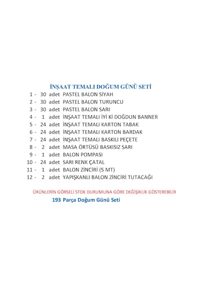 İnşaat Temalı Doğum Günü Seti