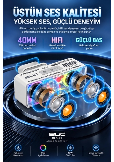Blic Bls-71 Beyaz Armor Series 10w Kablosuz Rgb Bluetooth Hoparlör Tws Tf Kart Desteği