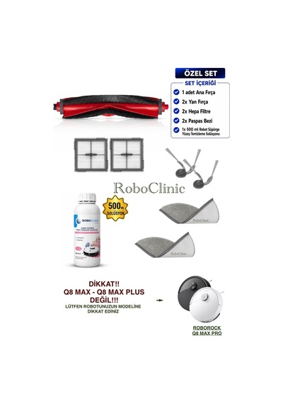 Roborock Q8 Max Pro / Q8 Max Pro Plus Robot Süpürgeler İle Uyumlu Yedek Parça. Fırça, Filtre, Mop, Deterjan