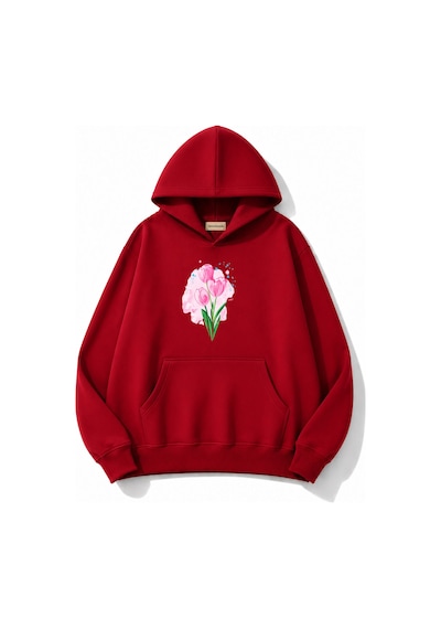 Herkesemoda Lale Baskılı Kapüşonlu 2 İplik Şardonlu Sweatshirt Kırmızı