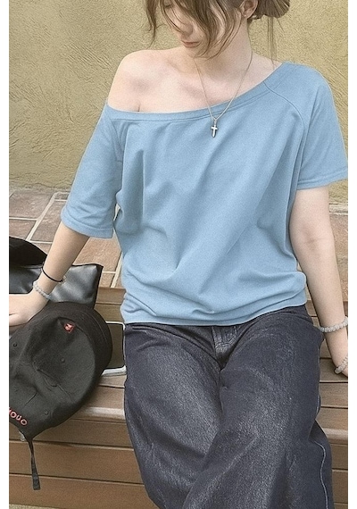 Turkuaz Kadın Düşük Omuz Kayık Yaka Oversize T-shirt Turkuaz