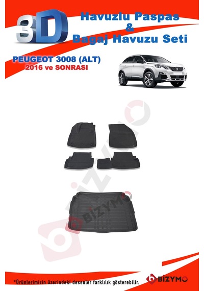Peugeot 3008 2016 ve Sonrası Alt Paspas ve Bagaj Havuzu Seti Siyah