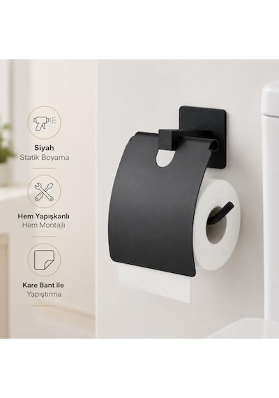 Kare Kapaklı Tuvalet Kağıtlığı Siyah, Yapışkanlı Ve Vidalı Montajlı Metal Wc Kağıtlık, Modern Banyo Tuvalet Kağıdı Askısı 000 Açık Krem