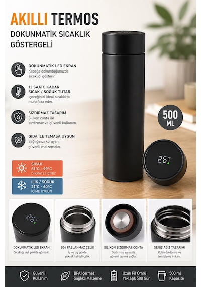 500 Ml Akıllı Led Göstergeli Çelik Termos 304 Paslanmaz Çelik Dokunmatik Isı Göstergeli Vakumlu Termos Mat Siyah Çok Renkli