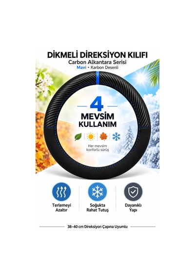 Trobus Hyundai İ20 2015-2020 Uyumlu Dikmeli Direksiyon Kılıfı Carbon Alkantara Karbon Desenli Mavi