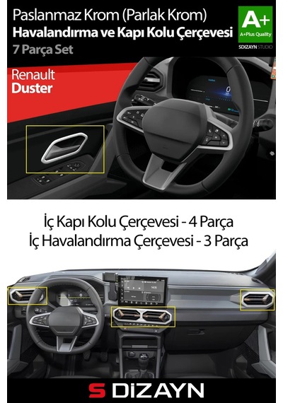 S-dizayn Renault Duster Krom Havalandırma Ve İç Kapı Kolu Çerçevesi 7 Prç. 2024 Üzeri Parlak Krom