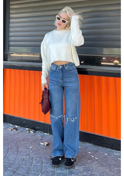 Madmext Krem Bisiklet Yaka Crop Kadın Kazak Mg2166 Krem