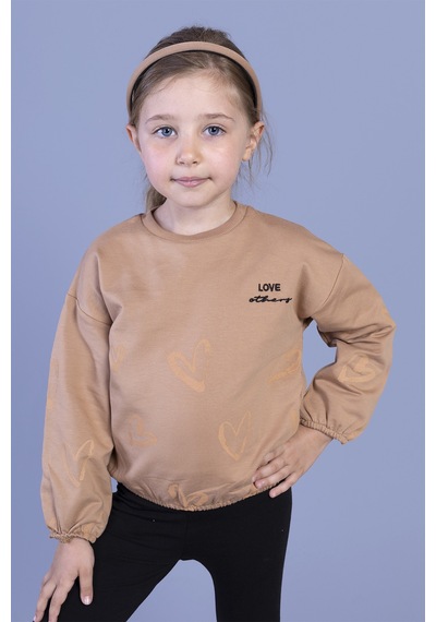 Toontoy Kız Çocuk Nakışlı Büzgü Detaylı Sweatshirt Kahverengi