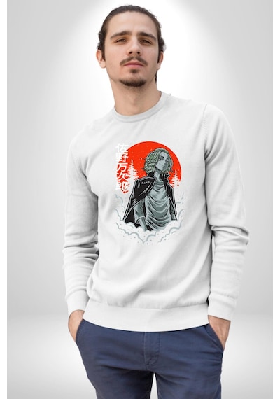 Tokyo Revengers Mikey Red Moon Unisex Beyaz Sweatshirt Beyaz