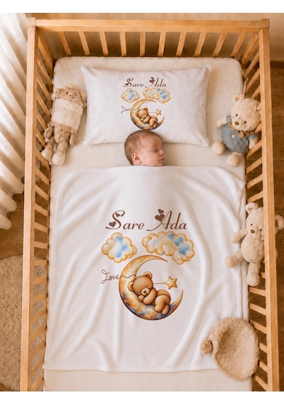 İsme Özel Kız Bebek Battaniye 80x80 Cm Ve Yastık Kılıfı 35x45 Cm %100 Pamuk Organik Baskılı Bebek Seti Bebek Hediyesi 1099yb Krem