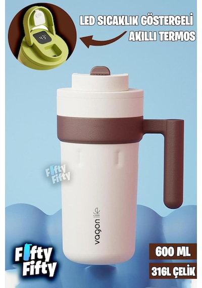 Vagonlife 600 ML Led Sıcaklık Göstergeli Akıllı Çelik Termos Kulplu -kahve Bardağı-mug-ffvgn2009 001