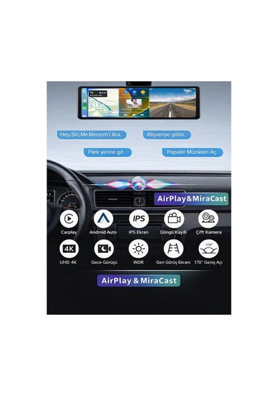 12 İnç 4k Aynalı Araç Kamerası Dvr Kablosuz Carplay Android Auto Sesli Komut Ips Çift Kamera