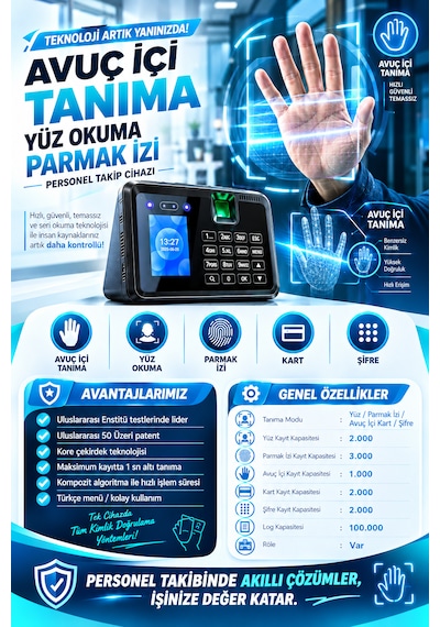 Linadex Lx-220315-m Avuç İçi Okuma-yüz Okuma-parmak İzi Okuma Ve Kartlı Personel Kontrol Cihazı -maaş Puantaj Yazılımı Ve 15 Kart Hediye