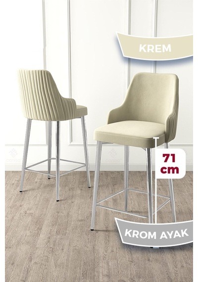 Canisa Enox Serisi 1 Adet Krem Mutfak Bar Sandalyesi Babyface Kumaş Krom Kaplama Metal Ayak Sandalyeler Krem Ayaklar Krom