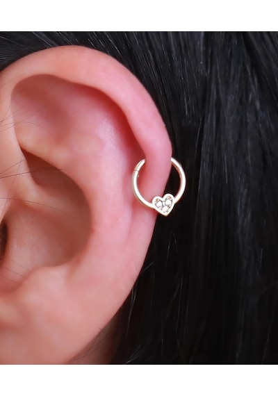 14 Ayar Altın Taşlı Kalp Halka Tragus Piercing Sarı Altın