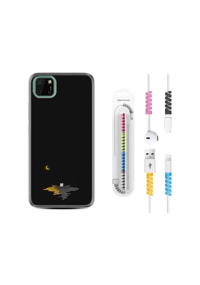 Huawei Y5P Kılıf Kablo Koruyuculu Ay Ve Kedi 1683