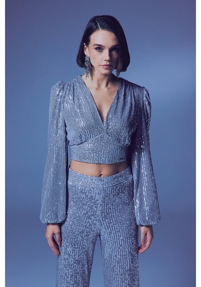 Sateen Kruvaze Payetli Crop Bluz - Gümüş
