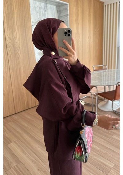 Kahijab Omuz Düğmeli Trenç Takım - Bordo Bordo