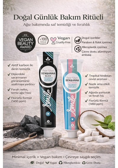 Ben&anna Aktif Karbon Ve Hindistan Cevizi Florürlü Diş Macunu 2 Li Avantajlı Set Vegan 75 Ml