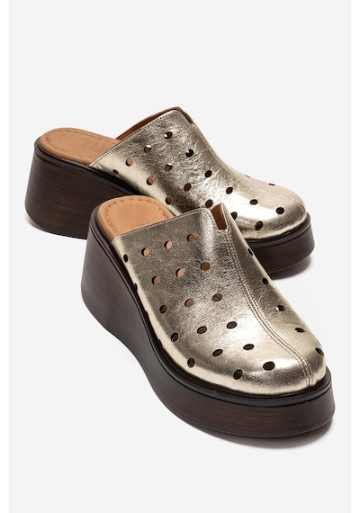 Luvishoes Nıves Altın Hakiki Deri Delikli Kadın Dolgu Topuklu Terlik