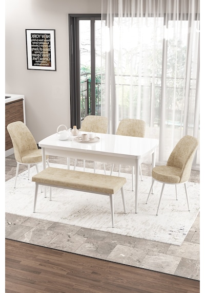 Canisa Concept Zen Serisi 80x132 Mdf Açılabilir Beyaz Masa Takımı 4 Krem Sandalye Ve 1 Bench Masa Beyaz Sandalye Ve Bench Krem Canisa Concept Zen Serisi 80x132 Mdf Açılabilir Beyaz Masa Takımı 4 Krem Sandalye Ve 1 Bench Masa Beyaz Sandalye Ve Bench Krem