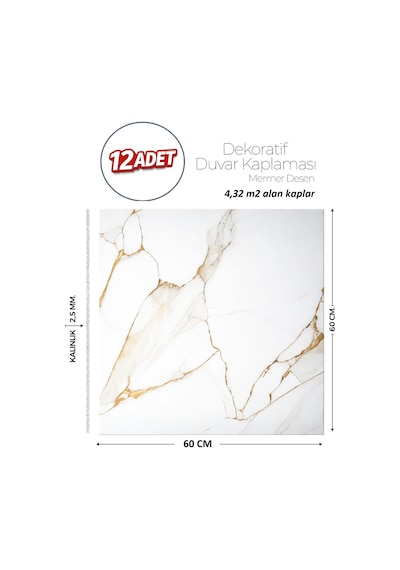60x60 Cm Kendinden Yapışkanlı Duvar,banyo,tezgah Arası Beyaz-gold Mermer-12 Adet 9011-60-12