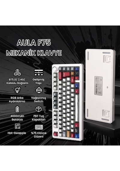 Aula F75 Mekanik Rgb Tkl Graywood V4 Switch Kablosuz Makrolu Hot Swap Türkçe Q Klavye Comic