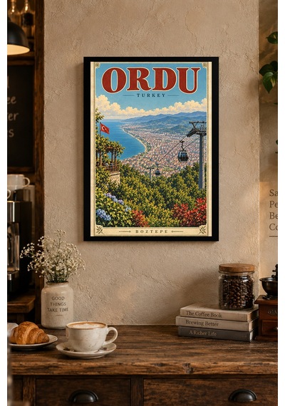 Kıyı Körfezi Ve Teleferik İllüstrasyonu Desenli Dekoratif Mdf Tablo, Çerçeve Görünümlü Ahşap Poster