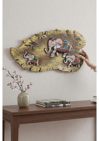 Lüks İşlemeli Yaprak Üzerinde Fil Ailesi Dekoratif Duvar Tablosu Ev Ofis Konsol Vitrin Süsü 35 Cm B