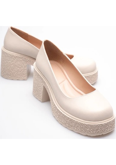 Alfaze Bej Deri Platform Taban Şık Loafer Ayakkabı Topuk Boyu 6 Cm