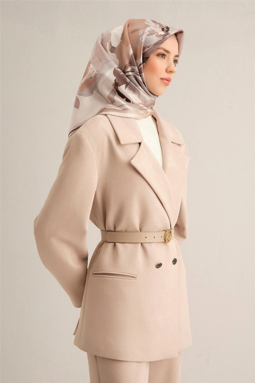 Armine Çiçek Desenli Saf İpek Twill Eşarp 9340d 86 BEj