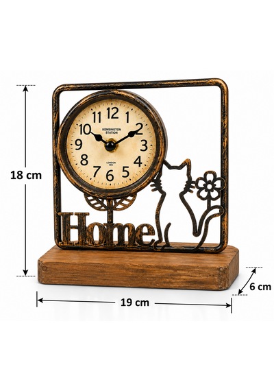 Kedi Desenli Home Temalı Ferforje Saat Dekoratif Masa Saati Eskitme Bakır Metal Ahşap Taban Vintage Nostaljik Kedi Figürlü Ev Ofis Salon Sehpa Konsol Kitaplık Dekorasyonu Kedi Desenli Home Temalı Ferforje Saat Dekoratif Masa Saati Eskitme Bakır Metal Ahşap Taban Vintage Nostaljik Kedi Figürlü Ev Ofis Salon Sehpa Konsol Kitaplık Dekorasyonu