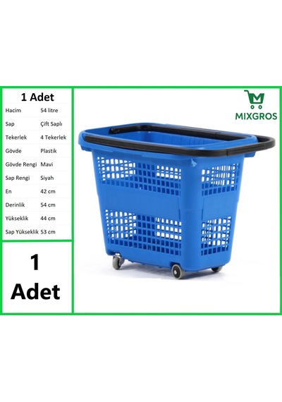 Tekerlekli Plastik Market Alışveriş El Sepeti 54 Litre Mavi 1 Adet