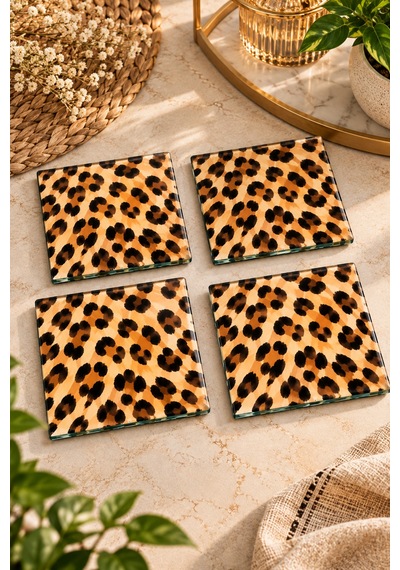 Gökçeoğlu Cam Bardak Altlığı Leopar Temalı 4'lü Takım 10cm X 10cm Çok Renkli