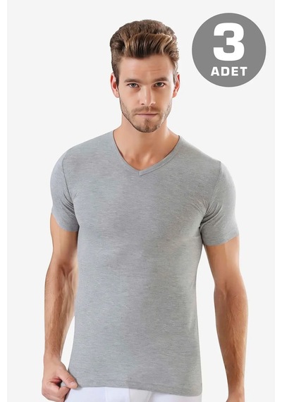 Terrien Premium Spor Yazlık Esnek Erkek V Yaka Kısa Kollu Fanila Gri %100 Pamuk Penye 3'lü Set