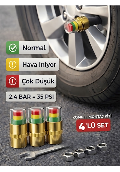 Beylini 4'lü Lastik Basınç Ölçerli Sibop Bisiklet Araba Motosiklet Tekerlek Hava Ölçer 2.4 Bar 35 Psı Set