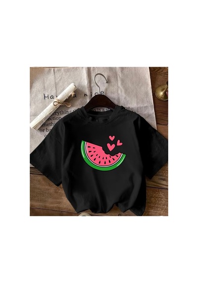 Herkesemoda Karpuz Baskı Detaylı Basic T-shirt Siyah