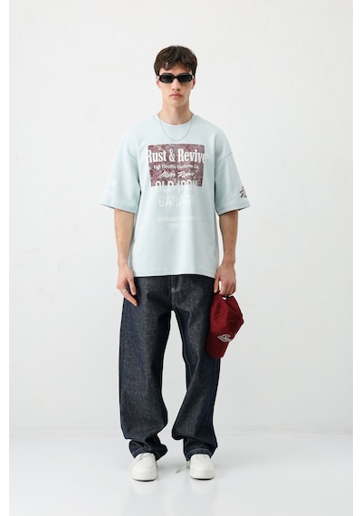 Vamos Oversize Baskılı Tişört V70-167 Bebe Mavi