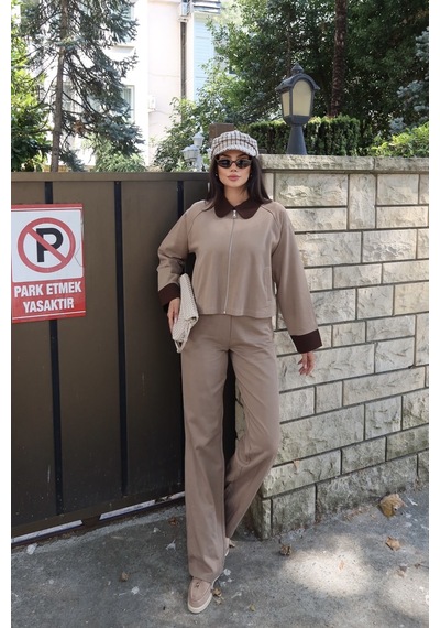 Kechi Woman Gabardin Kumaş Fermuarlı Yaka Garnili Ceket Bej