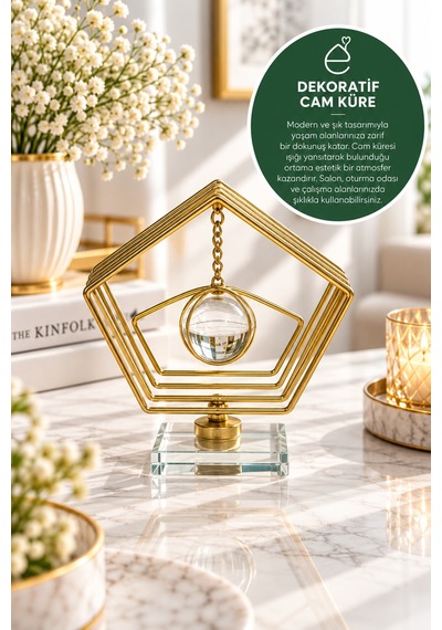 Evonıta Dekoratif Cam Küreli Beşgen Biblo Altın Renk Geometrik Tasarım Kristal Tabanlı Masa Üstü Konsol Salon Dekoru