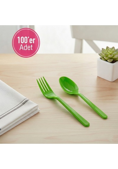 100 'er Adet Yeşil Plastik Lüx Çatal Ve Kaşık Seti