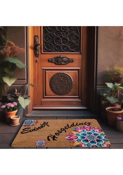 Valerine Life Mandala Mavi Çiçek Evimize Hoş Geldiniz Kapı Önü Paspası 45x70cm