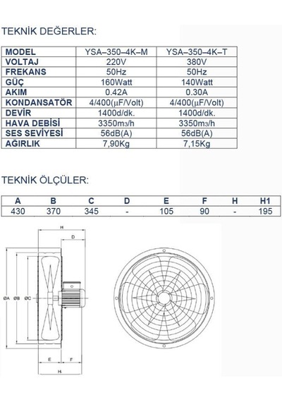 Ayas 35 Cm Sanayi Tipi Aspiratör 220 Volt Monofaze