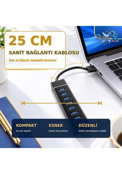 Primex Px-307 Usb 3.0 Hub 7 Port Çoklayıcı, 25 Cm Kablolu Usb Çoklayıcı Hub, Laptop Masaüstü Pc Uyumlu, Klavye Mouse Flash Bellek Ve Usb Aygıtları İçin