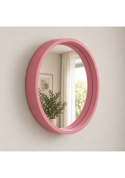 Dekoratif Duvar Aynası Yuvarlak Çerçeveli 60cm Pembe Şifonyer Ve Makyaj Masası Üstü
