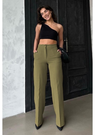 Madmext Haki Yüksek Bel Kumaş Pantolon Mg2284 Haki