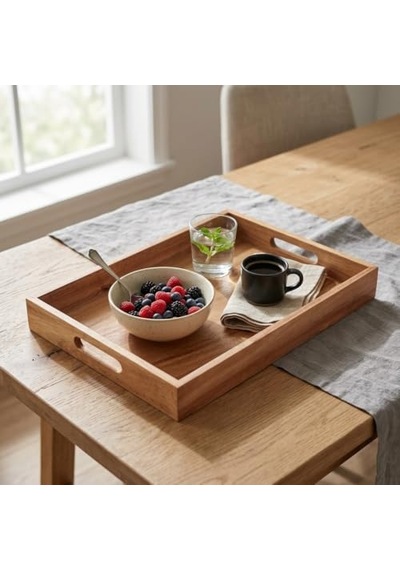 Büyük Boy Akasya Ahşap Sunum Tepsisi 40x30 Cm - Doğal Ahşap Çay, Kahve Ve Kahvaltı Tepsisi, Kulplu Tasarım Diğer