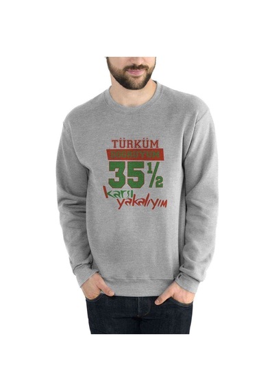 Türküm Doğruyum Karşıyakalıyım Izmir 35,5 Baskılı Gri Erkek Sweat